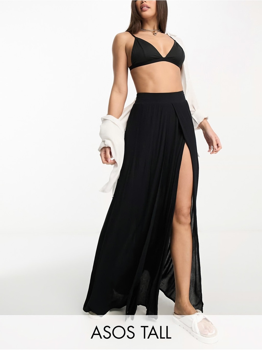 ASOS DESIGN Tall Double Split Beach Sarong Skirt in Black - US 12